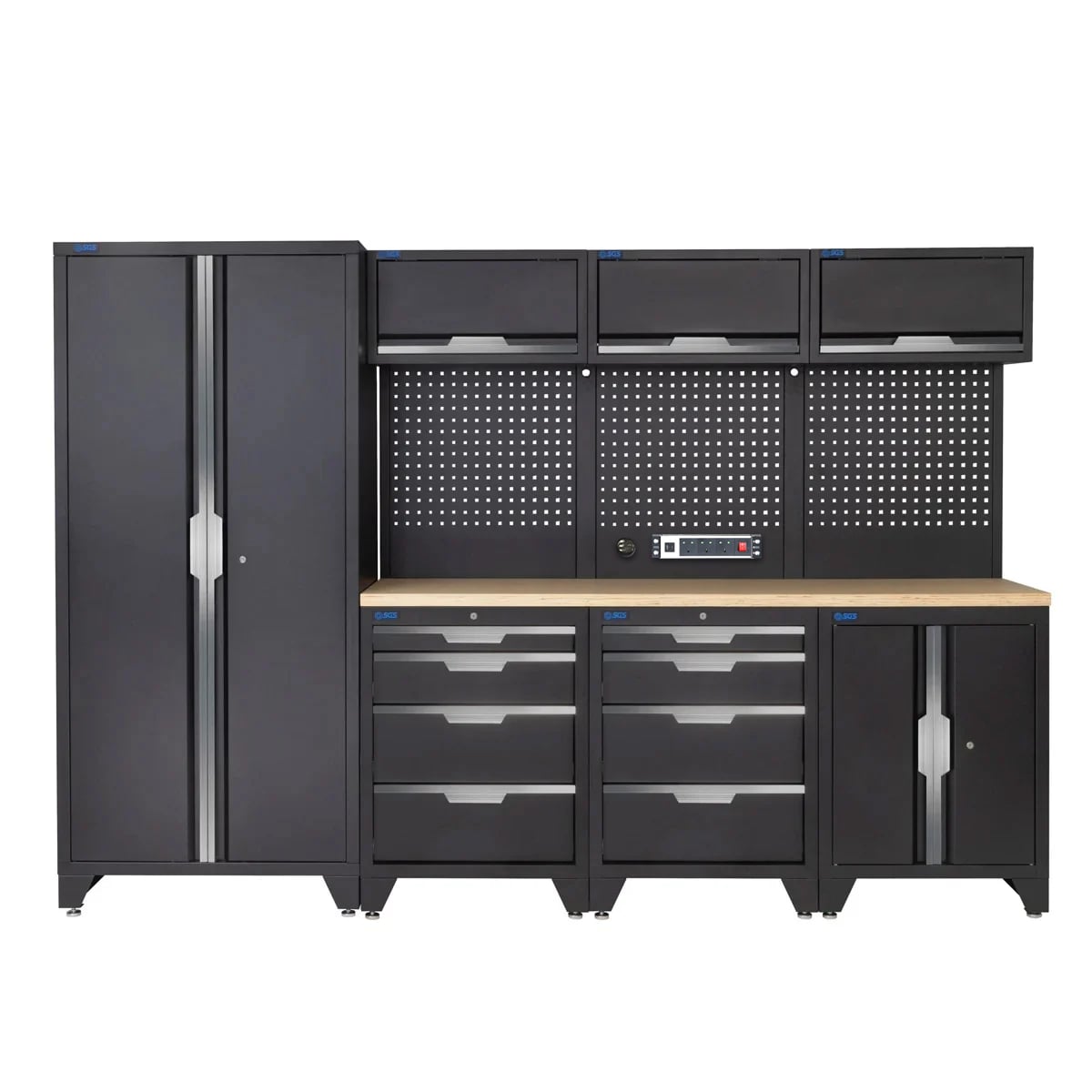 SGS 10pc Modular Garage Storage | 8 Drawers | Plywood Worktop | Tall Double Cabinet | Floor Cabinet | 3x Upper Cabinets | Pegboard with Power Strip